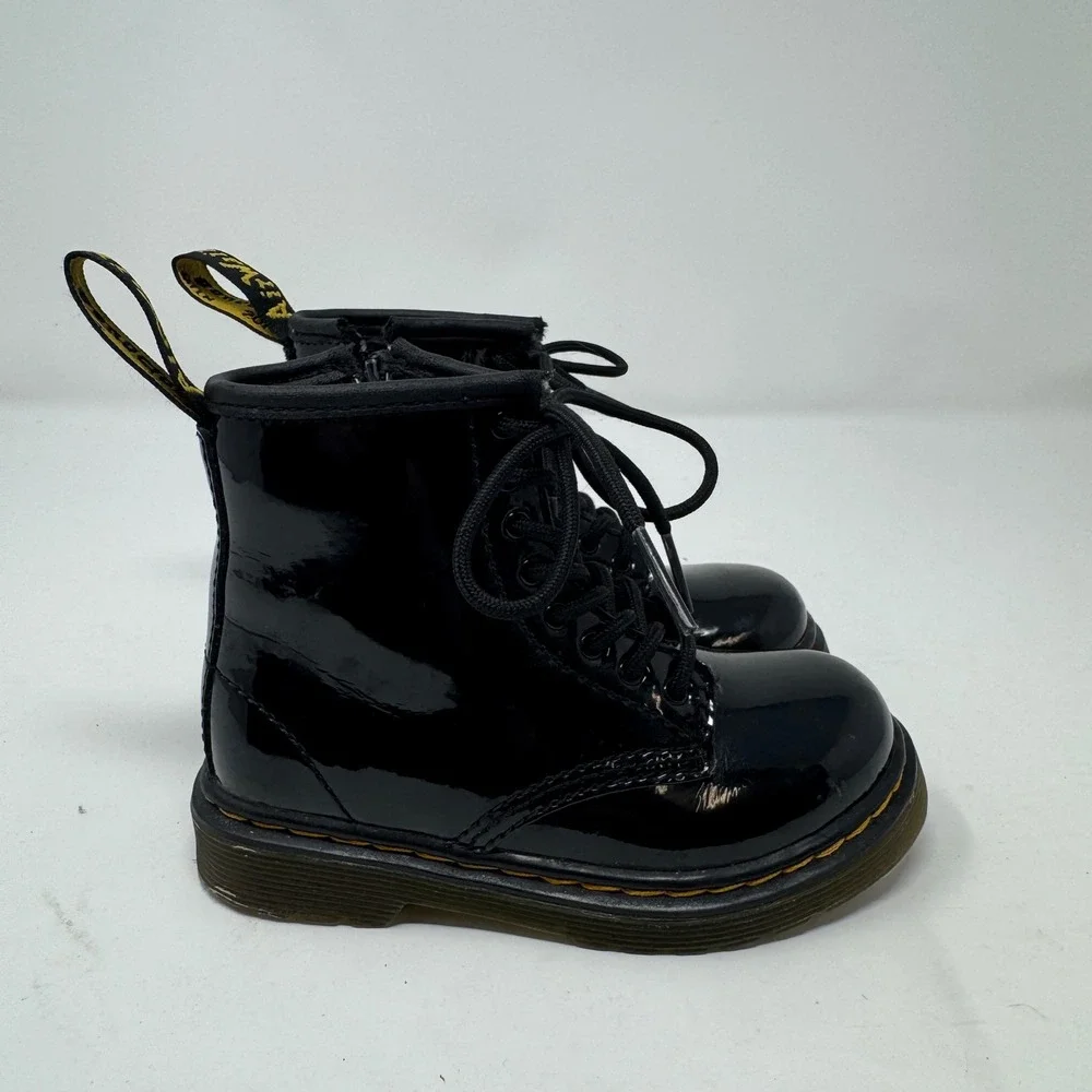 Kids Dr Martens‎ 1460 T Black Patent Leather Combat Boots Side Zip Size 8 US